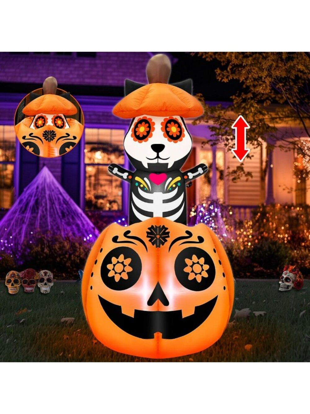 5 Ft Inflatable Day of the Dead Decor - Animated Sugar Skull & Black Cat on